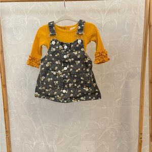 Floral Denim Overall Dress with Mustard Top